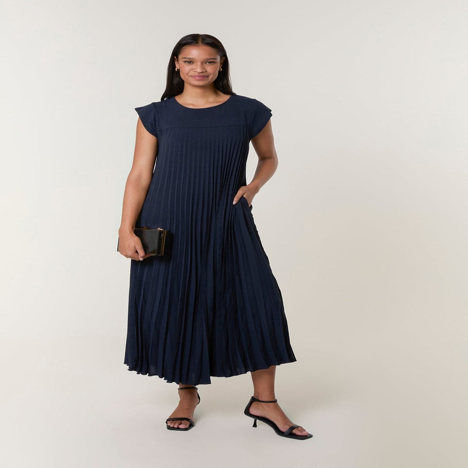 Blue Vanilla Navy Pleated Plain Long Dress