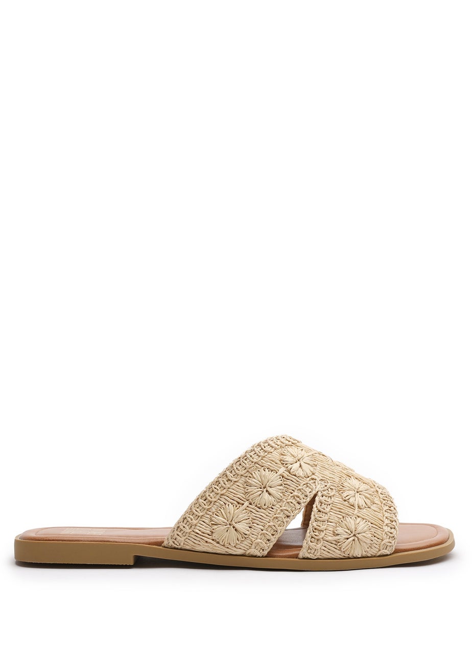 Where's That From Alaska Beige Raffia Floral Embroidery Flat Sandals