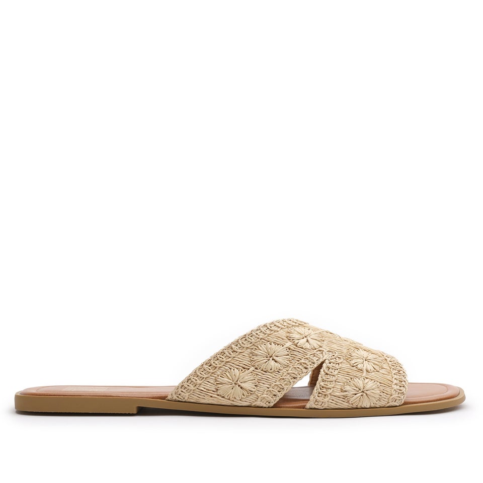 Where's That From Alaska Beige Raffia Floral Embroidery Flat Sandals