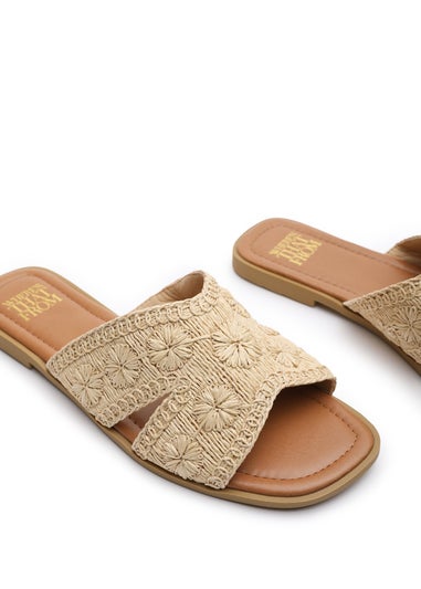 Where's That From Alaska Beige Raffia Floral Embroidery Flat Sandals