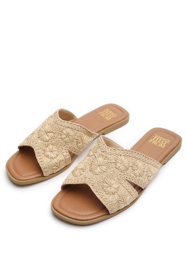 Where's That From Alaska Beige Raffia Floral Embroidery Flat Sandals