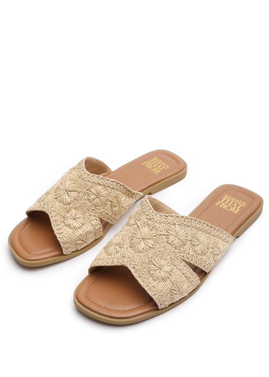 Where's That From Alaska Beige Raffia Floral Embroidery Flat Sandals