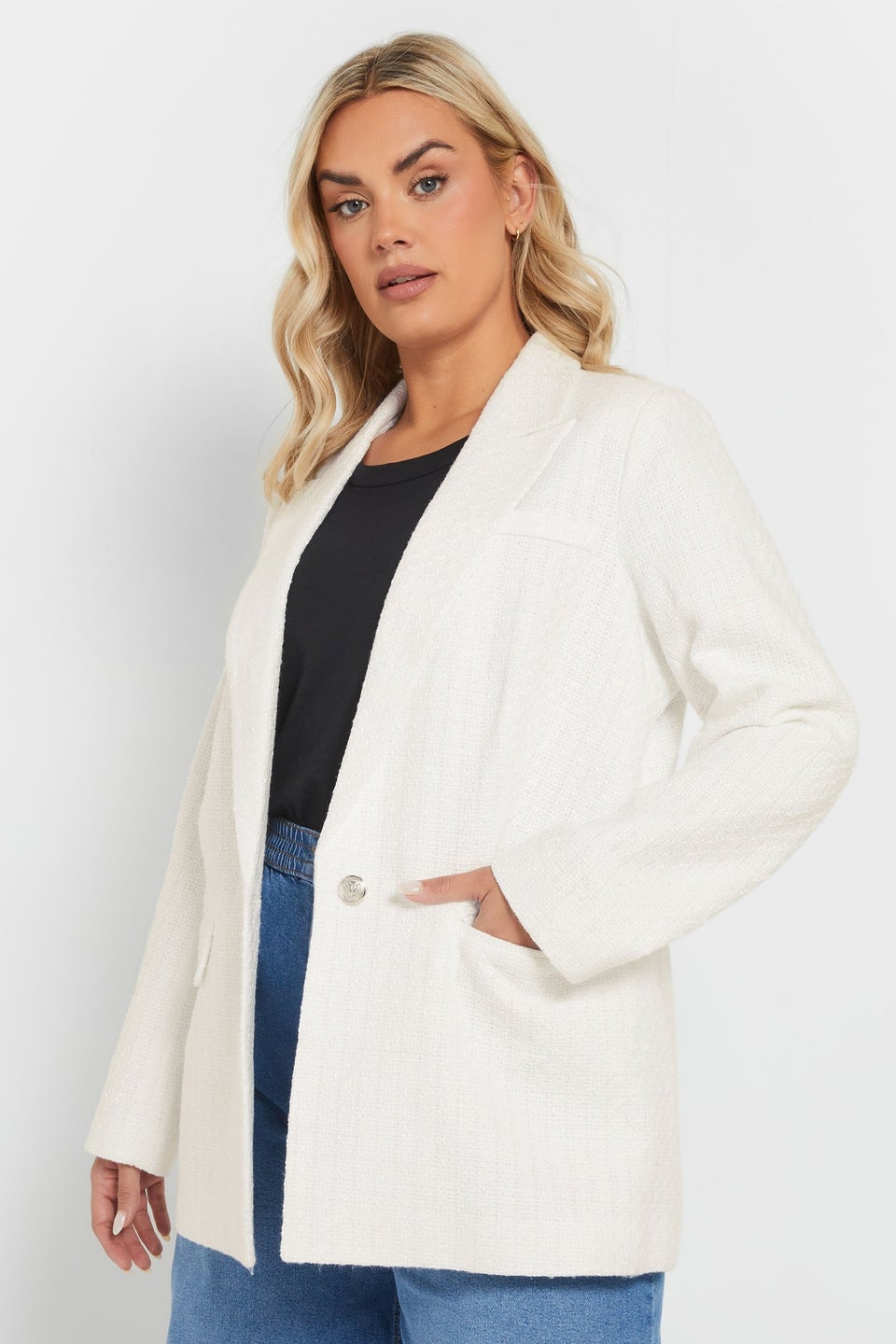 Yours Curve Ivory White Boucle Blazer