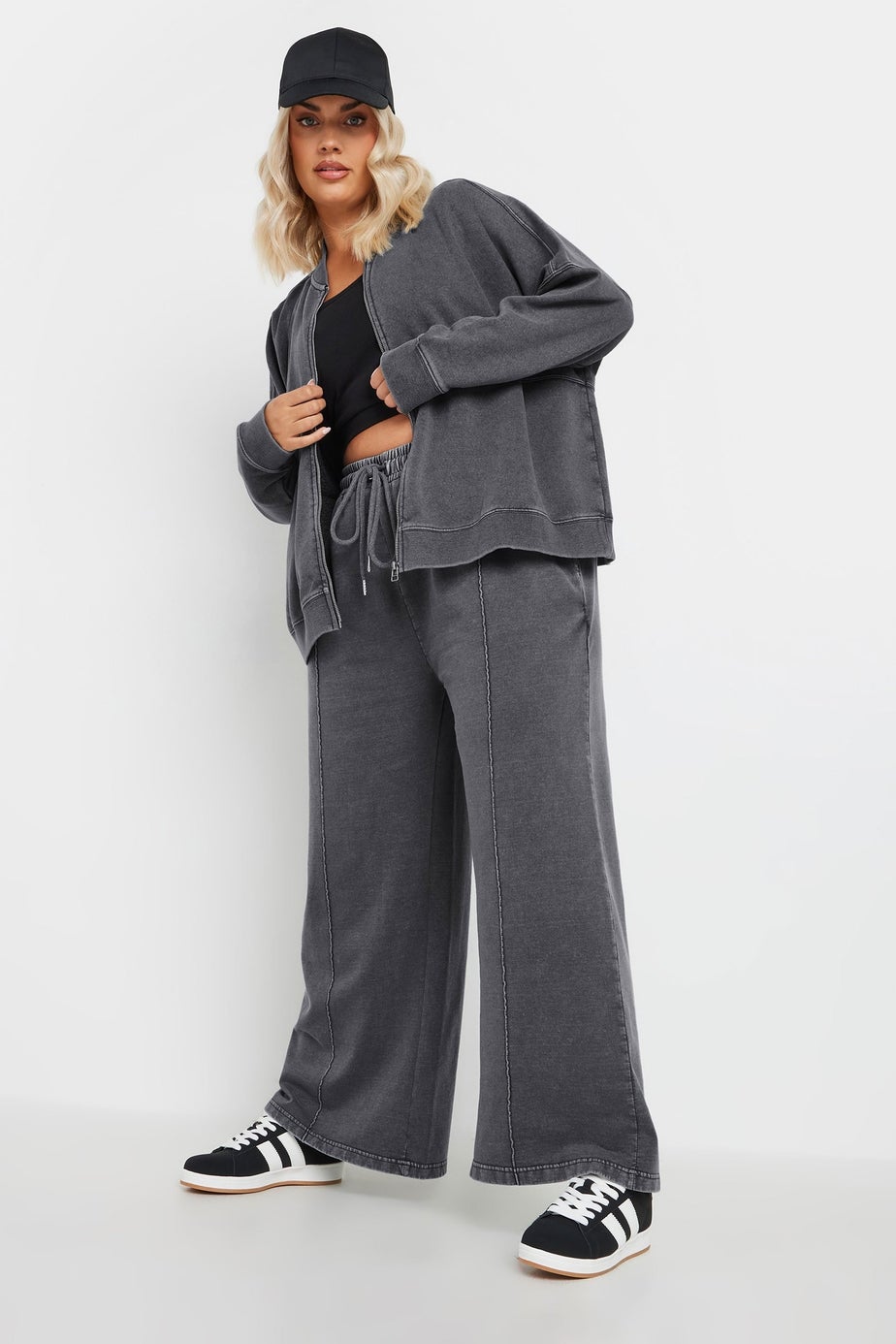 Yours Curve Grey Acid Wash Oversized Sweat Bomber Jacket