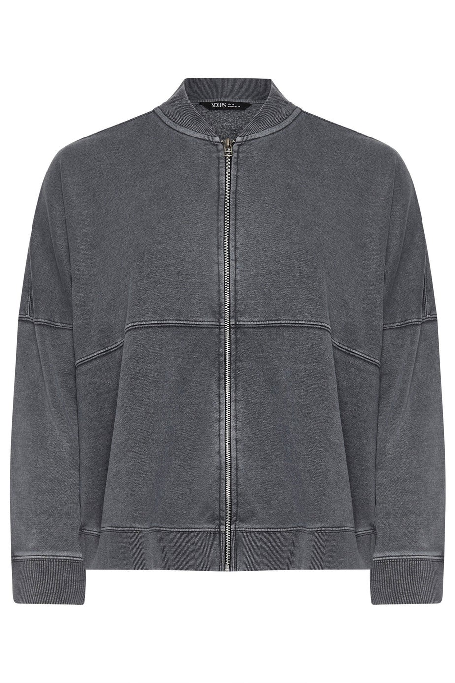 Yours Curve Grey Acid Wash Oversized Sweat Bomber Jacket