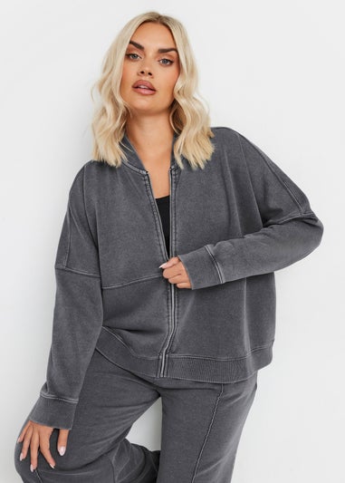 Yours Curve Grey Acid Wash Oversized Sweat Bomber Jacket