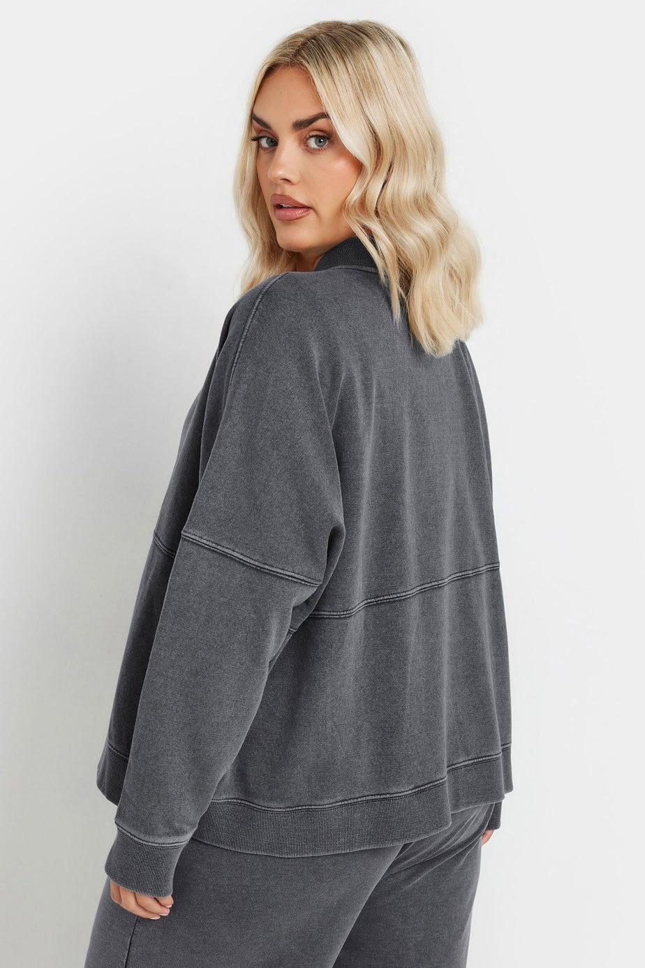 Yours Curve Grey Acid Wash Oversized Sweat Bomber Jacket
