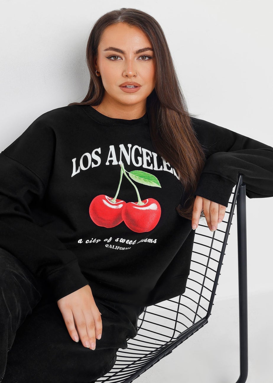 Yours Curve Black Los Angeles Cherry Sweatshirt