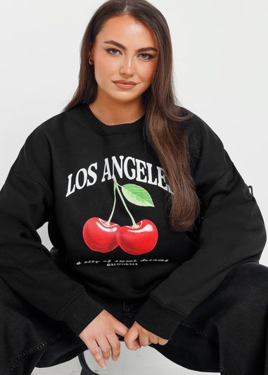 Yours Curve Black Los Angeles Cherry Sweatshirt