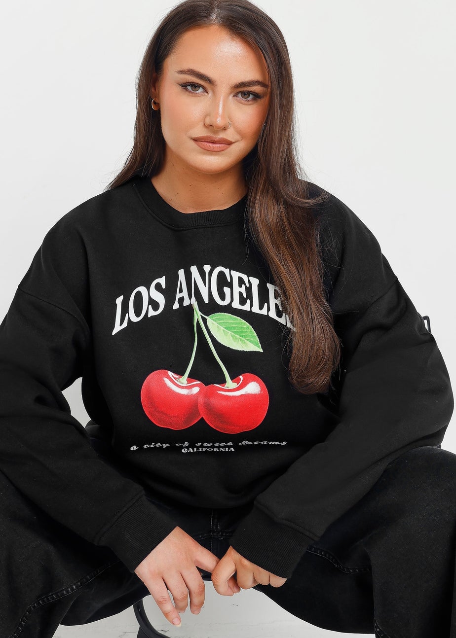 Yours Curve Black Los Angeles Cherry Sweatshirt