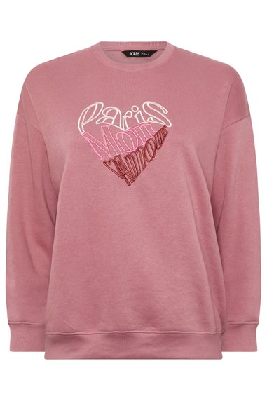 Yours Curve Pink Paris Mon Amour Embroidered Sweatshirt