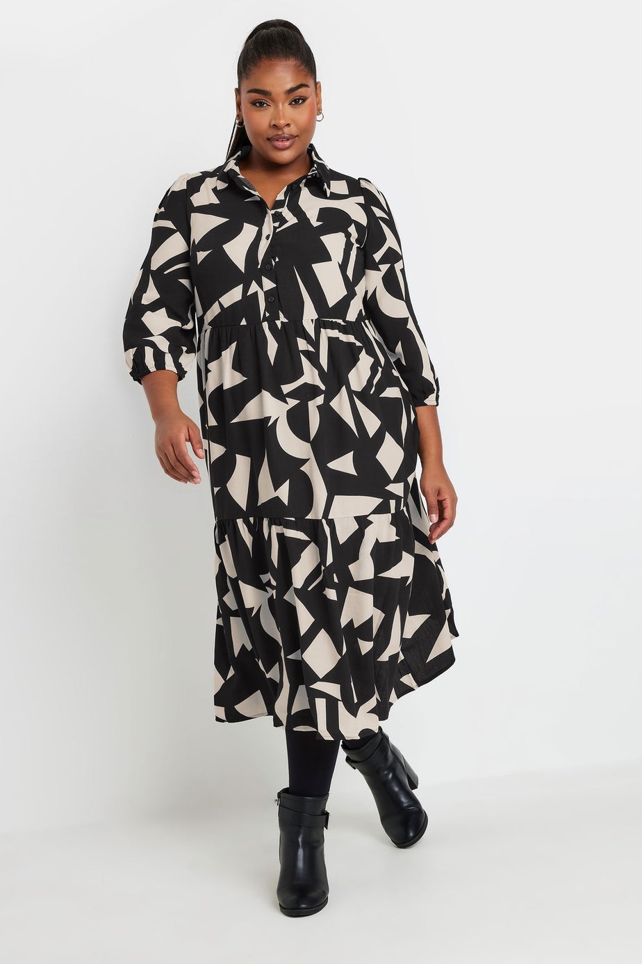 Yours Curve Black & White Abstract Print Shirt Dress