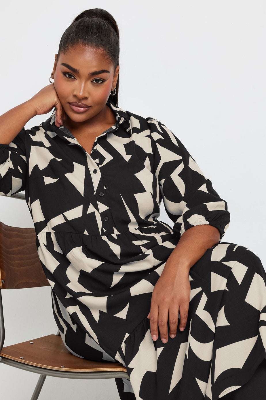 Yours Curve Black & White Abstract Print Shirt Dress