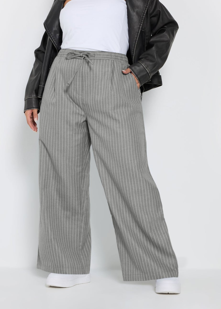Yours Curve Grey Pinstripe Wide Leg Trousers