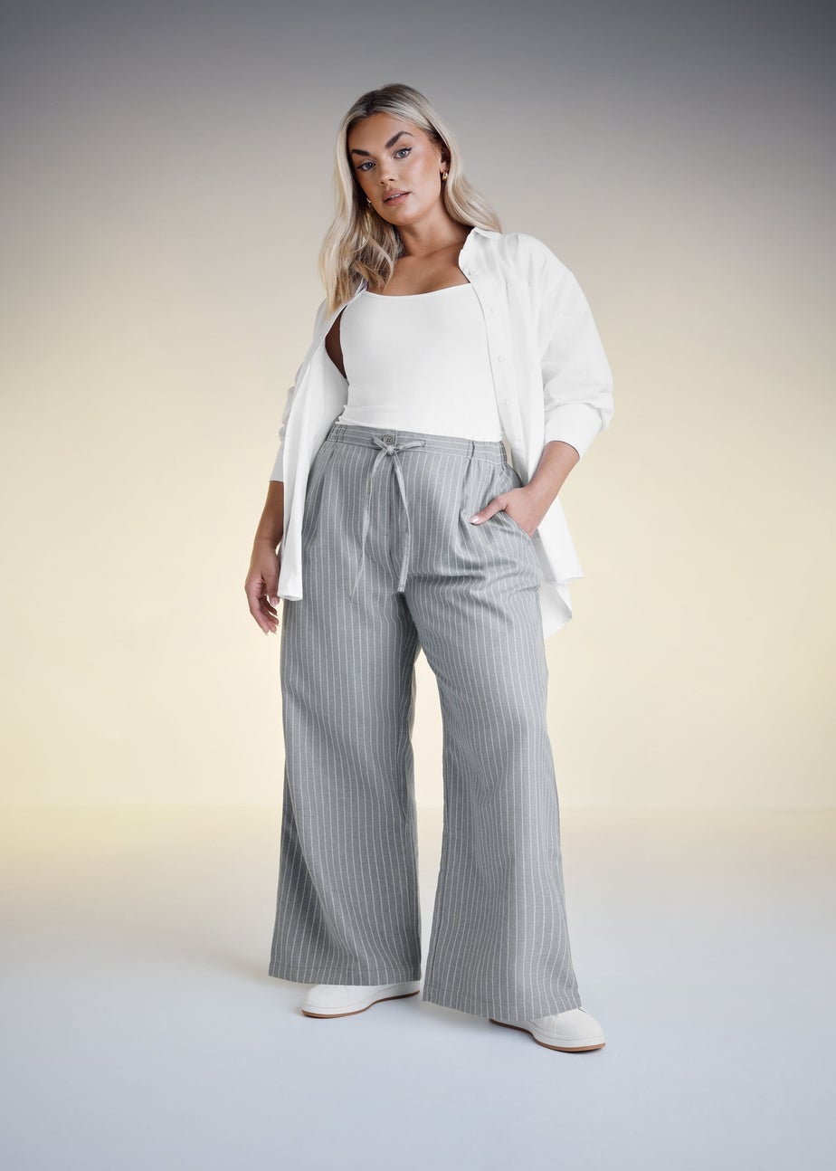 Yours Curve Grey Pinstripe Wide Leg Trousers