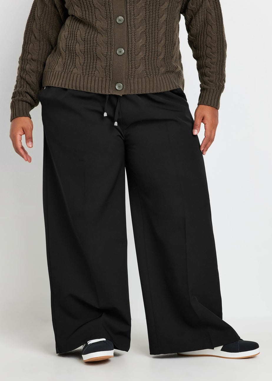 Yours Curve Black Pull On Wide Leg Trousers