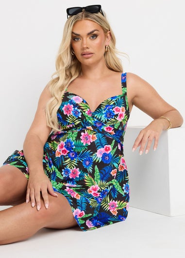Yours Curve Black Tropical Print Premium Underwired Tankini Top