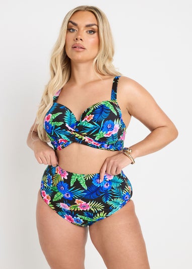 Yours Curve Black Tropical Floral Print High Waisted Bikini Briefs