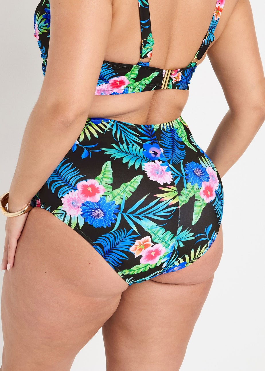 Yours Curve Black Tropical Floral Print High Waisted Bikini Briefs