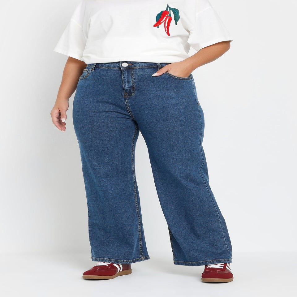 Yours Curve Mid Blue Wide Leg Denim Jeans