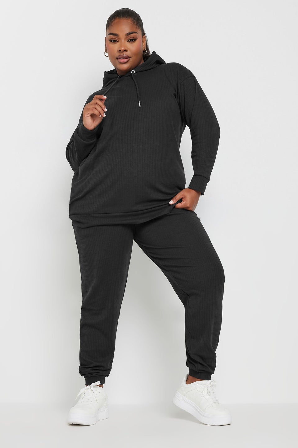 Yours Curve Black Ribbed Joggers