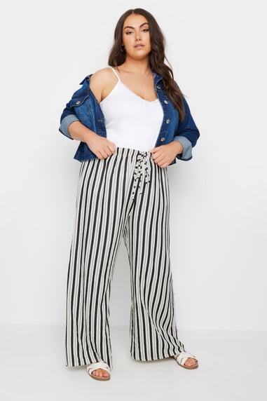 Yours Curve White Stripe Wide Leg Linen Look Trousers
