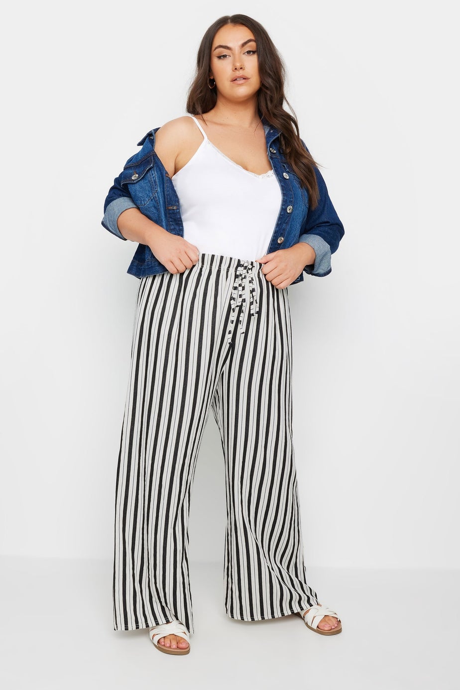 Yours Curve White Stripe Wide Leg Linen Look Trousers