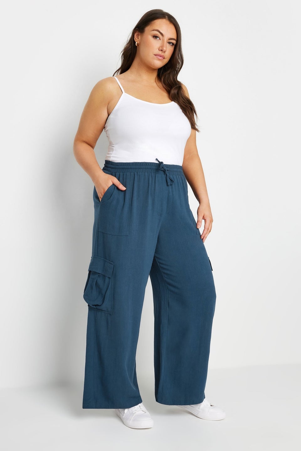 Yours Curve Navy Blue Linen Look Cargo Trousers