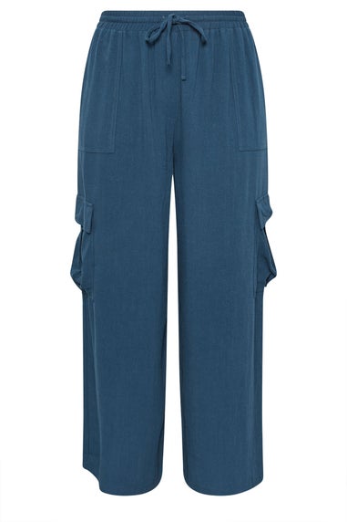 Yours Curve Navy Blue Linen Look Cargo Trousers