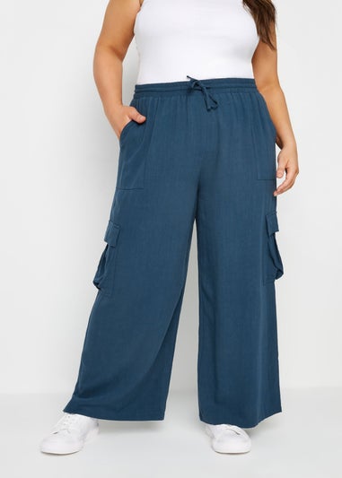 Yours Curve Navy Blue Linen Look Cargo Trousers
