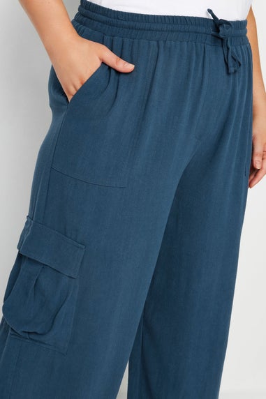 Yours Curve Navy Blue Linen Look Cargo Trousers
