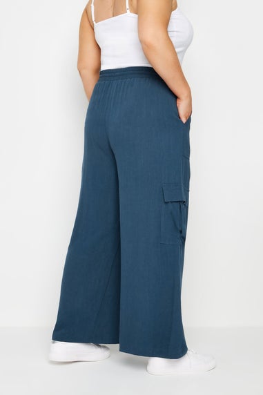 Yours Curve Navy Blue Linen Look Cargo Trousers