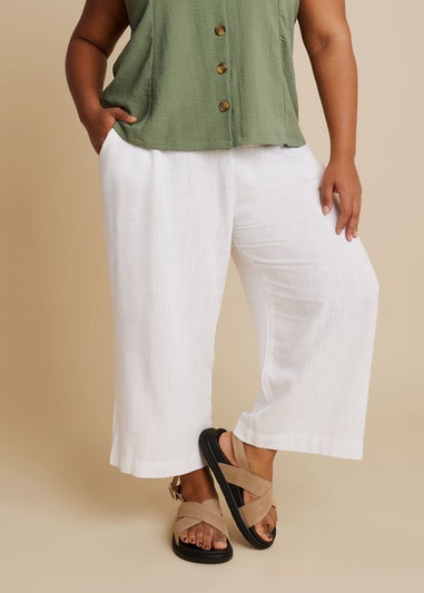 Yours Curve White Linen Cropped Wide Leg Trousers