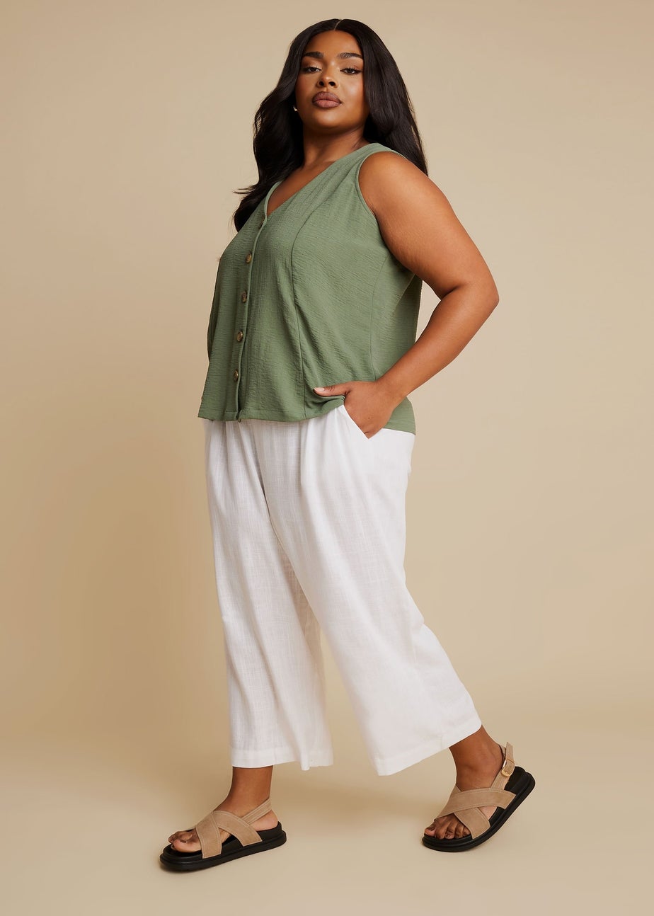 Yours Curve White Linen Cropped Wide Leg Trousers
