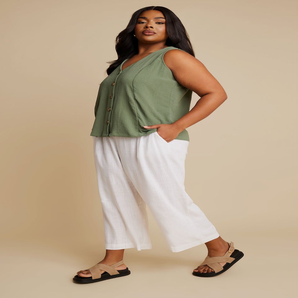 Yours Curve White Linen Cropped Wide Leg Trousers