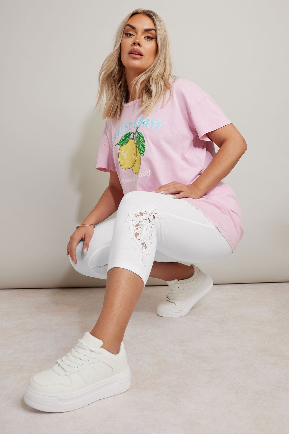 Yours Curve White Lace Stretch Cropped Leggings