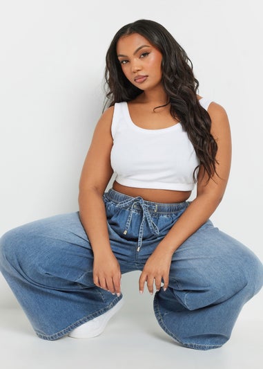 Yours Curve Blue Palazzo Leg Tie Waist Jeans