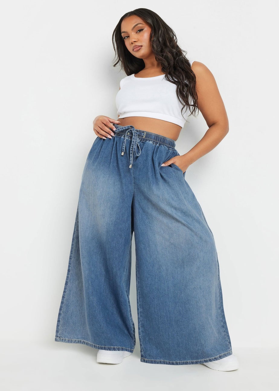 Yours Curve Blue Palazzo Leg Tie Waist Jeans