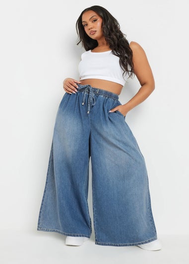 Yours Curve Blue Palazzo Leg Tie Waist Jeans