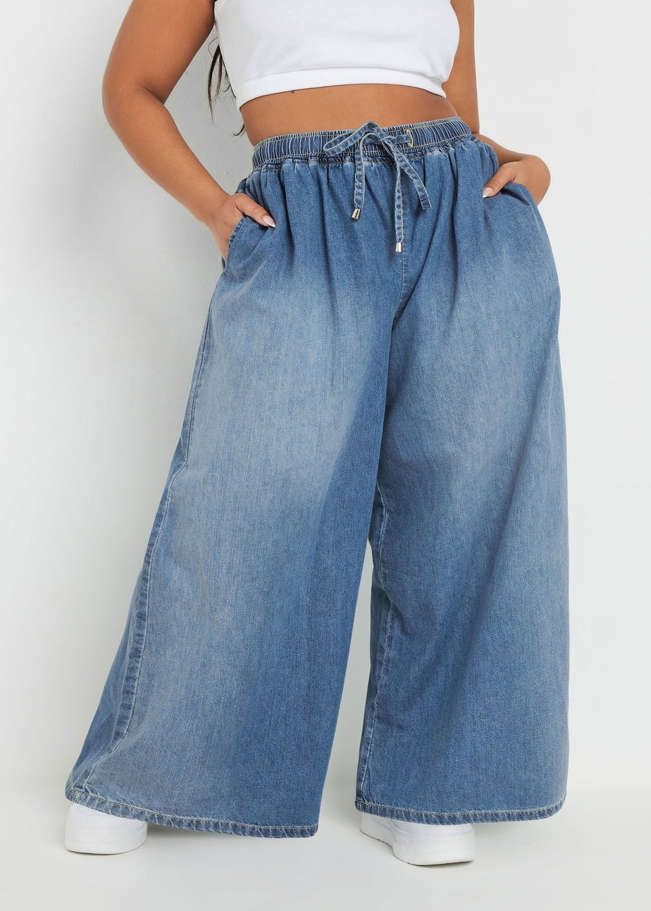 Yours Curve Blue Palazzo Leg Tie Waist Jeans
