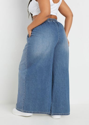 Yours Curve Blue Palazzo Leg Tie Waist Jeans