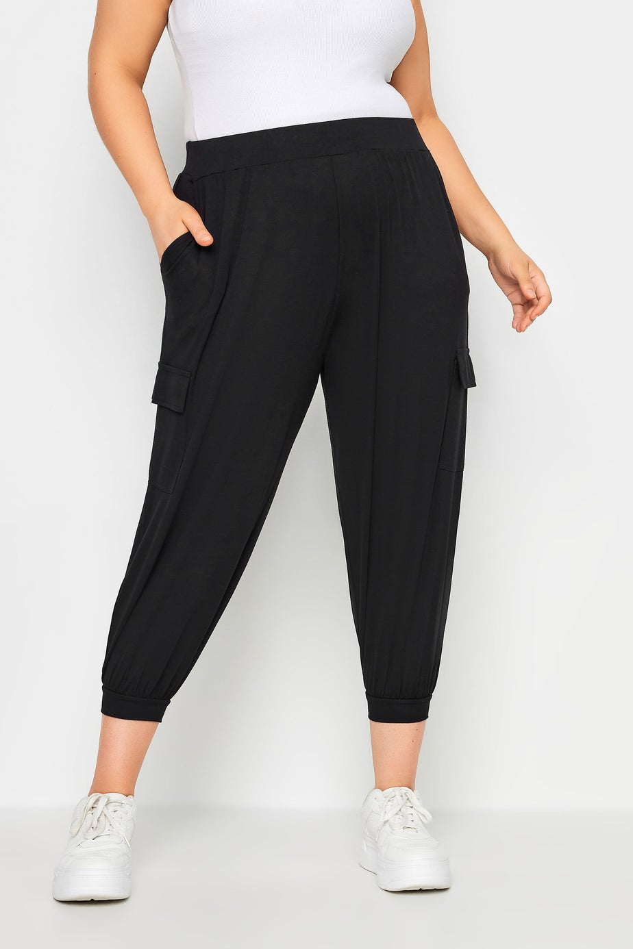 Yours Curve Black Cropped Cargo Harem Trousers