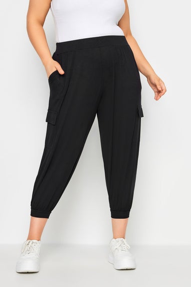 Yours Curve Black Cropped Cargo Harem Trousers