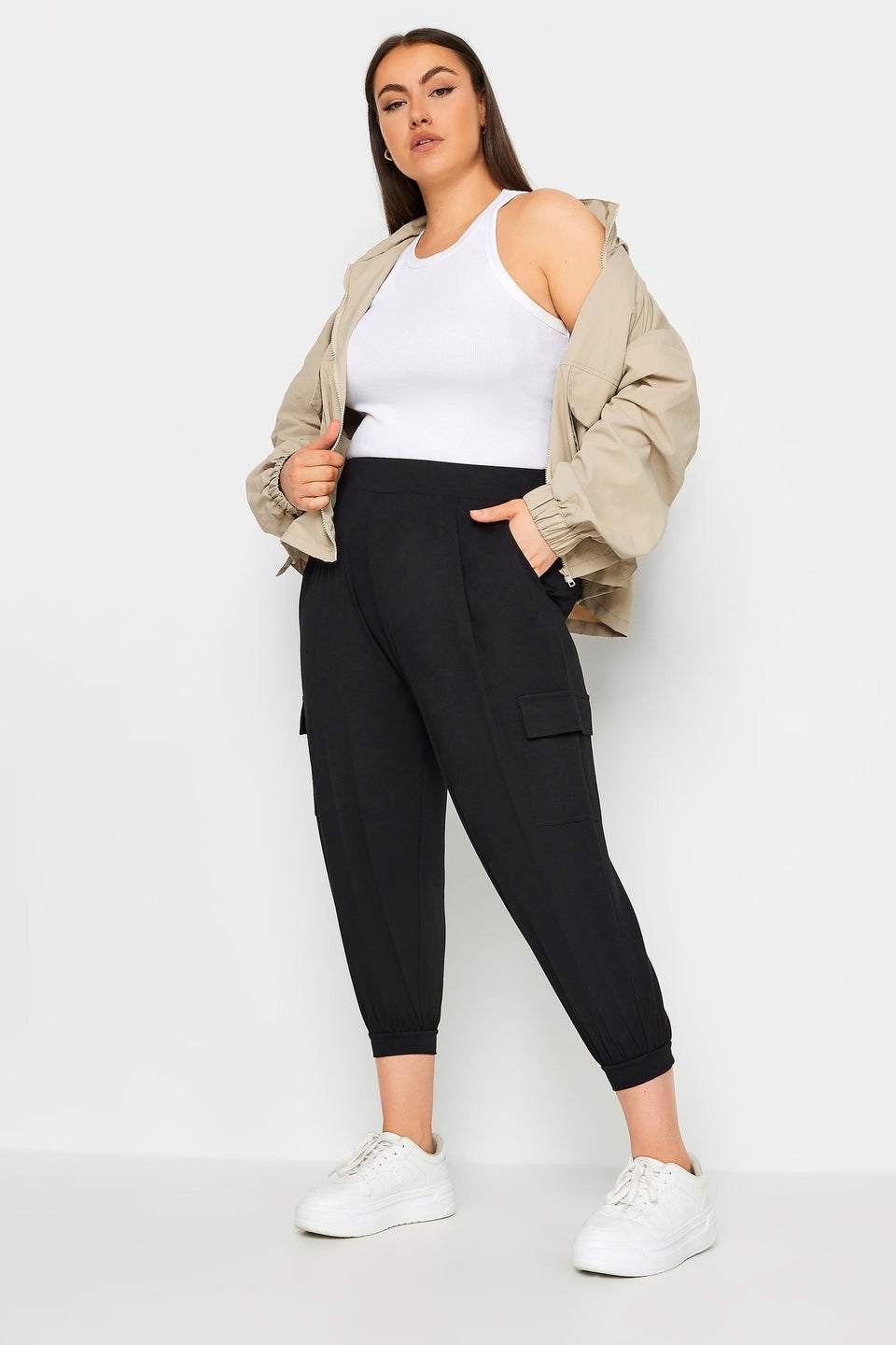 Yours Curve Black Cropped Cargo Harem Trousers