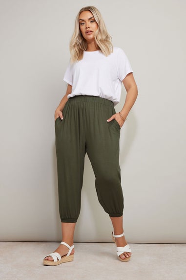 Yours Curve Khaki Green Jersey Cropped Harem Trousers