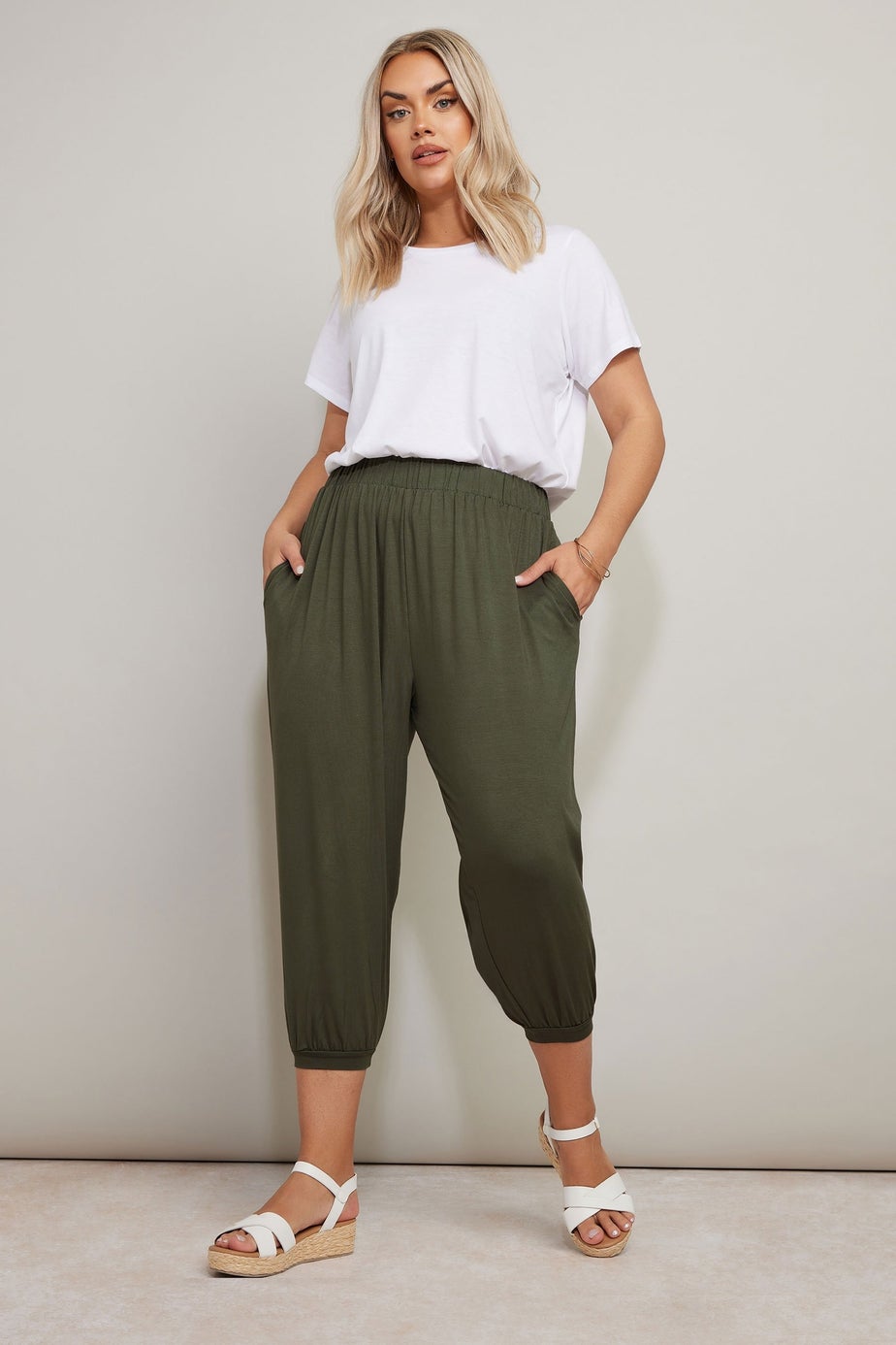 Yours Curve Khaki Green Jersey Cropped Harem Trousers