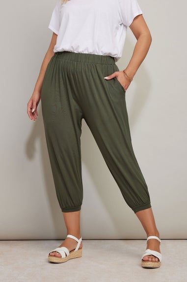 Yours Curve Khaki Green Jersey Cropped Harem Trousers
