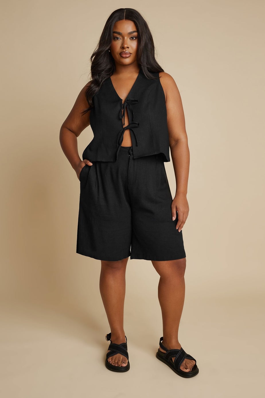 Yours Curve Black Linen Bermuda Shorts
