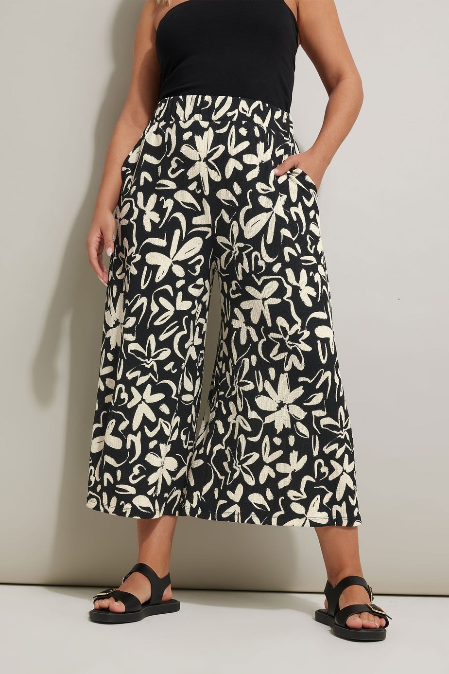 Yours Curve Black Floral Print Textured Midaxi Culottes