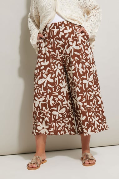 Yours Curve Brown Floral Print Textured Midaxi Culottes